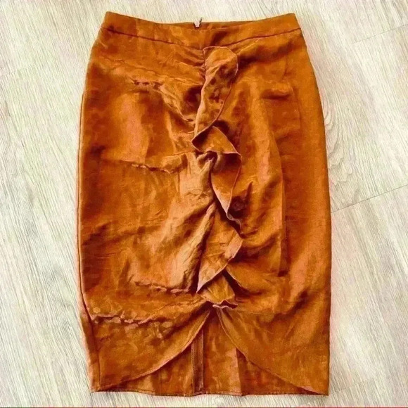 ZARA Y2K RUFFLE PENCIL BROWN COPPER SKIRT SIZE  SMALL - Picture 1 of 7